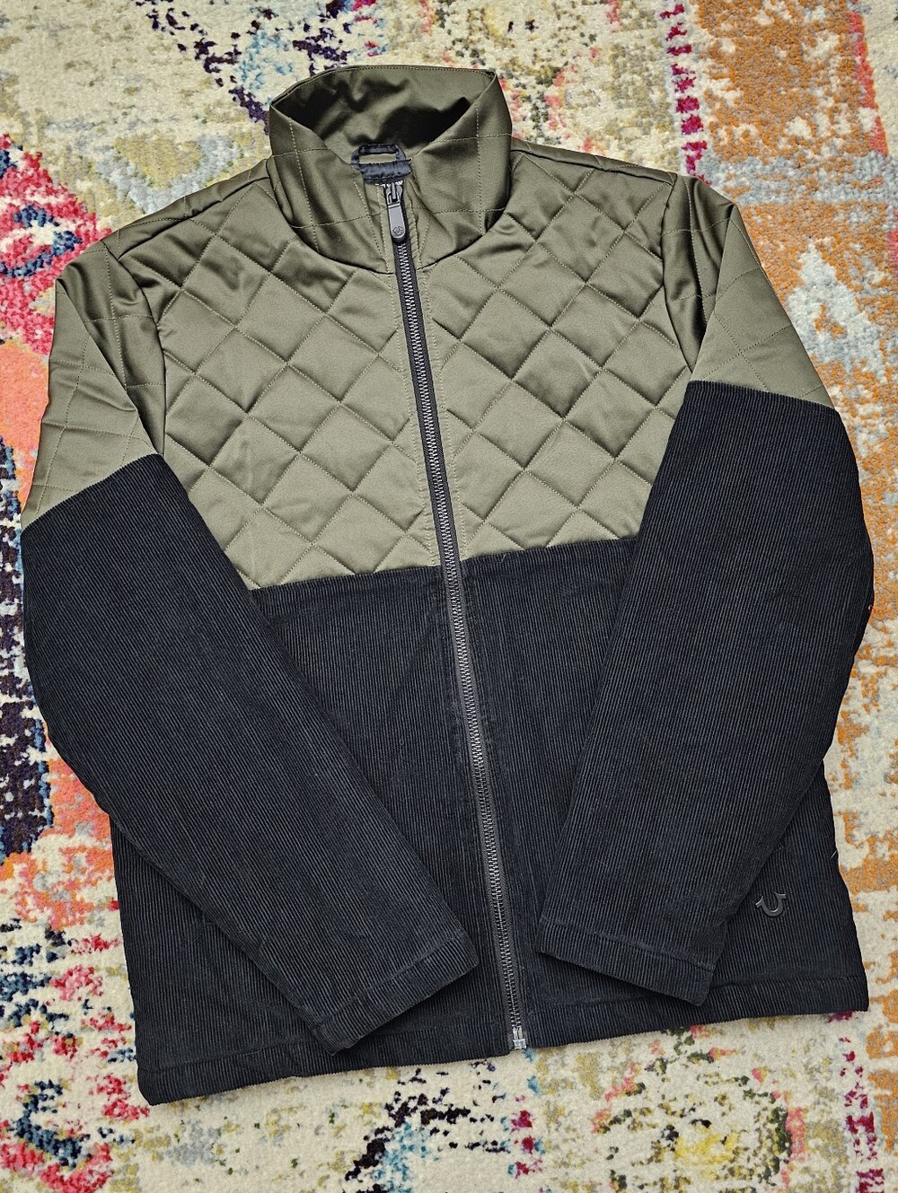 True Religion Quilted Corduroy Full Zip Jacket Mens Size Small Black Green Gray